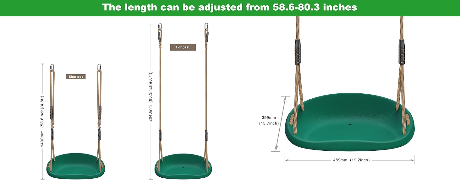Шоукель для дітей BeneLabel: ідеально для дому та саду. Міцний гумовий сидіння, регульоване мотузка 130-200см, 113кг. Набір 2 шт. Зелений колір.