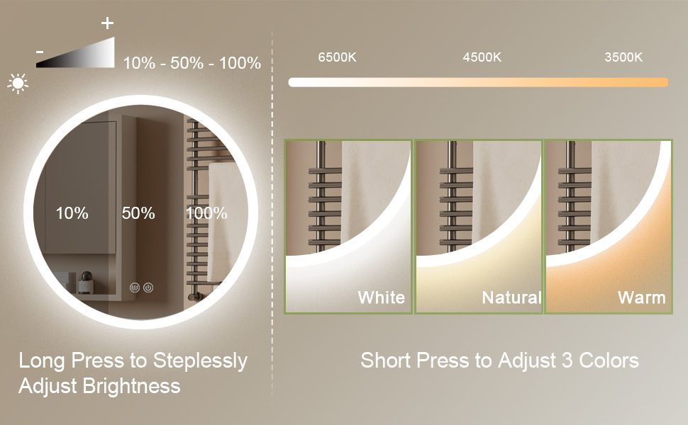 LED дзеркало для ванної кімнати AllRight з підсвічуванням 50 см, кругле, димування, 3 кольори світла, сенсорне керування, антизапар, для макіяжу та гоління