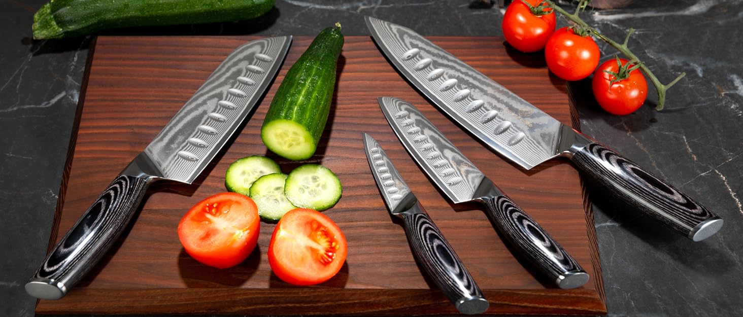Ніж Santoku Wolfblood з дамаської сталі 67 шарів (24 см) - професійний кухонний ніж з дерев'яною ручкою, подарункова коробка та захист леза