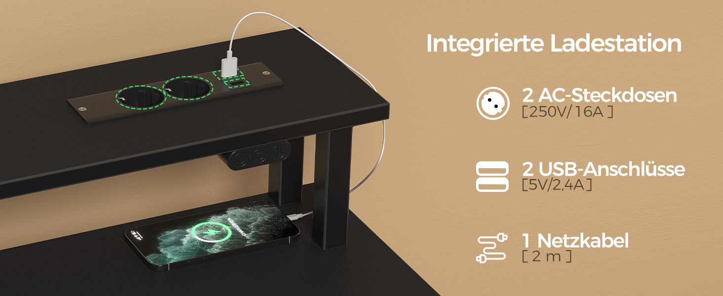 Комп'ютерний стіл Seventable з розетками та LED-підсвічуванням, 100 см, ігровий стіл з 5 ящиками та підставкою для монітора, для офісу, робочого кабінету, спальні, вітальні, чорний