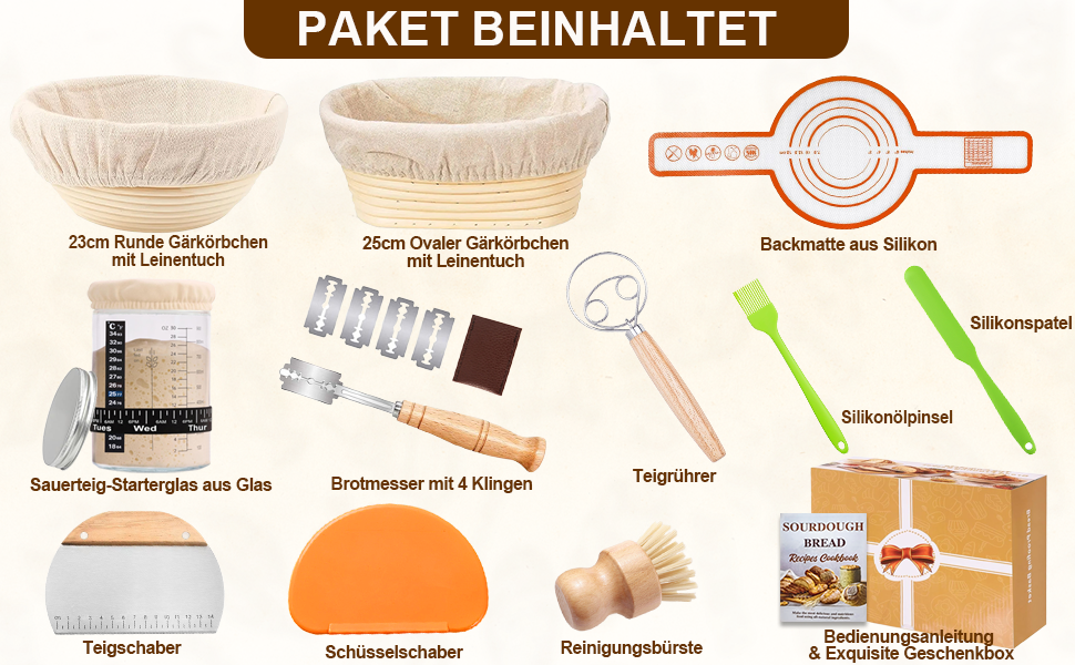 Набір для закваски: 2 форми для бродіння (овальна 25см, кругла 23см), скляний набір для закваски 900мл, аксесуари для випікання хліба