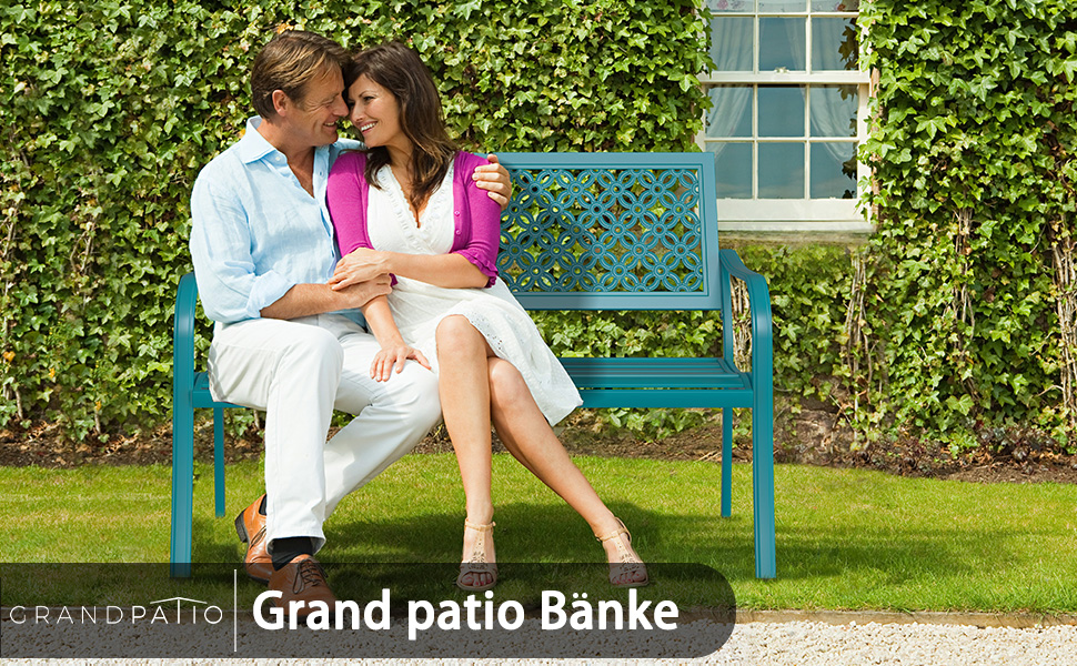 Металева лавка Grand Patio для саду, парку, балкону - 2-3 особи, з підлокітниками, ретро-стиль, блакитна