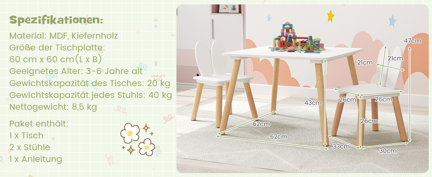 Дитячий стіл з 2 стільцями COSTWAY, 3 шт. - дитяча меблева група з масивних ніжок та спинка у вигляді вушок кролика, квадратний ігровий стіл, меблі для дітей 3-6 років (білий)