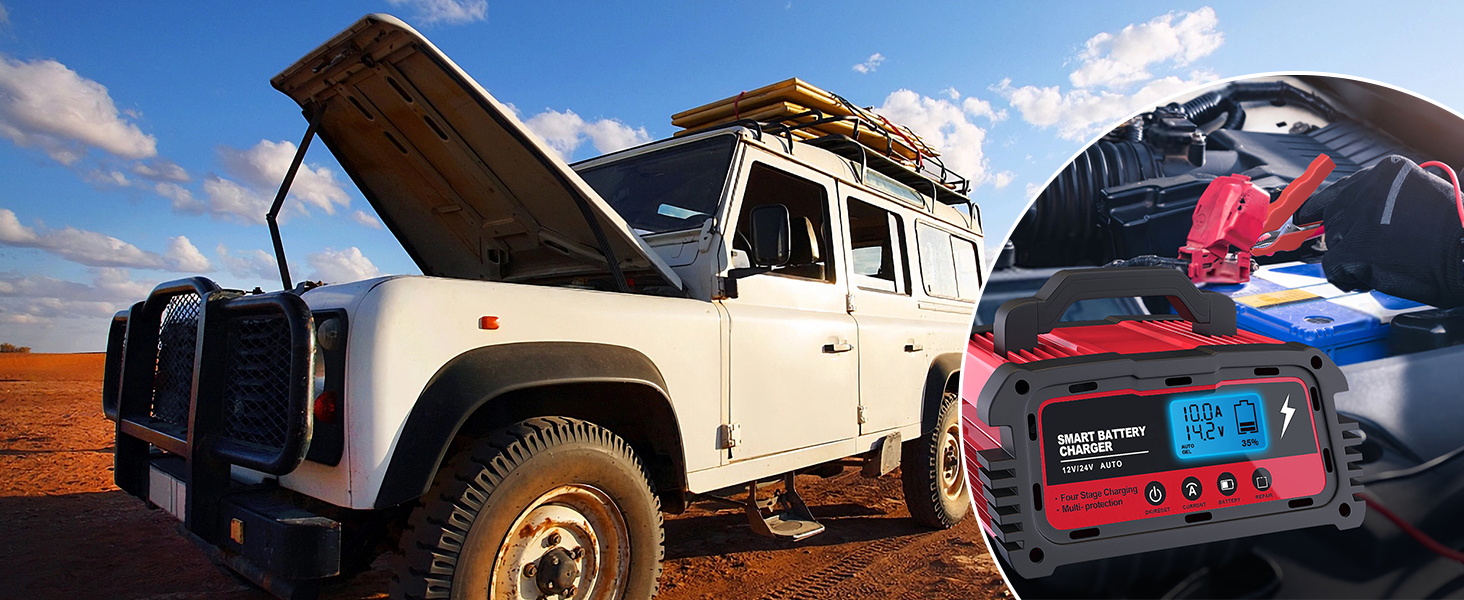 Зарядний пристрій для акумулятора 12V/24V LEICESTERCN - Автомобільний, мотоциклетний, з LCD, 5/10/25A, 6-ступінчастий, з багаторазовим захистом