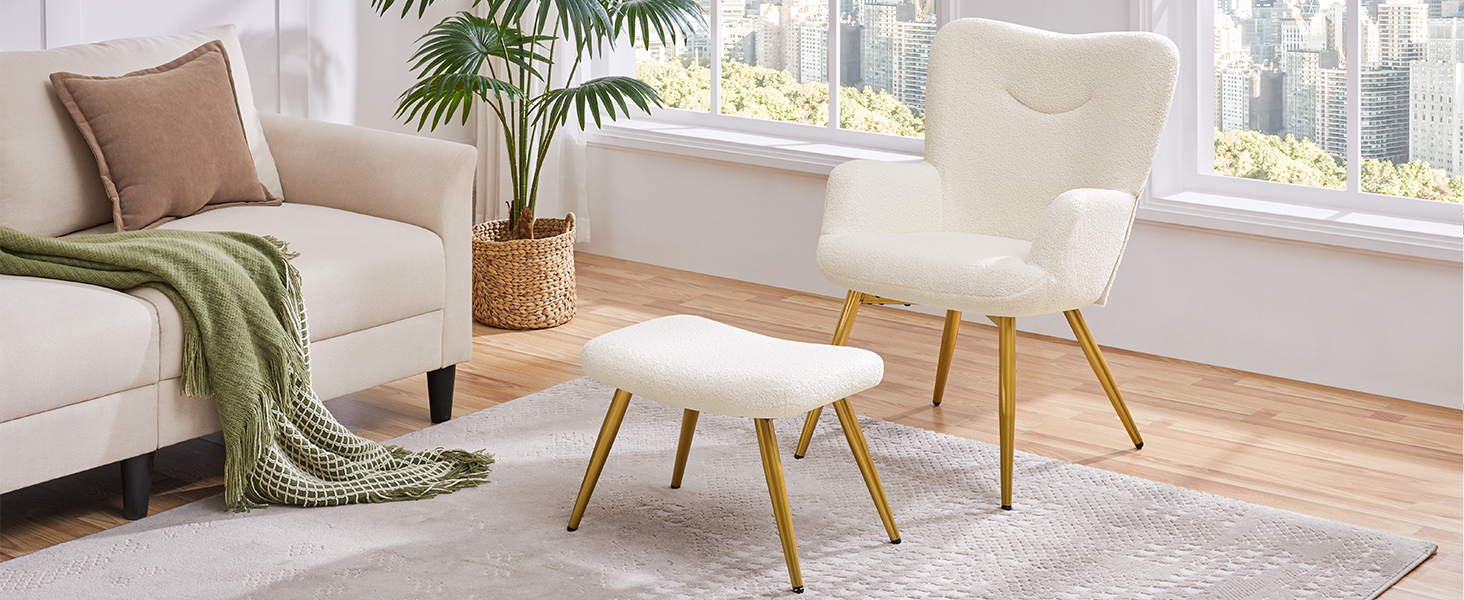 Крісло-навушник Yaheetech з пуфом з тканини Boucle, крісло для відпочинку з підставкою для ніг, розкладне крісло для вітальні/спальні, колір слонова кістка