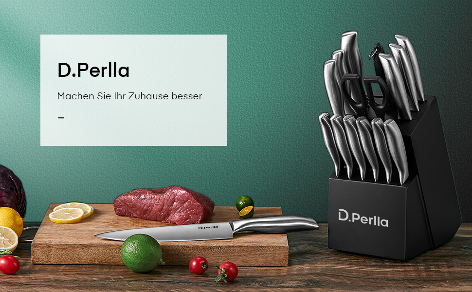 Набір кухонних ножів D.Perlla 16 предметів з бруском, професійний, нержавіюча сталь, чорний