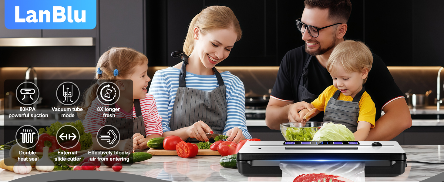 Вакууматор для продуктів LanBlu 7 в 1 з подвійним гарячим швом, вакуумний пакувальник для сухих та вологих продуктів, 80кПа