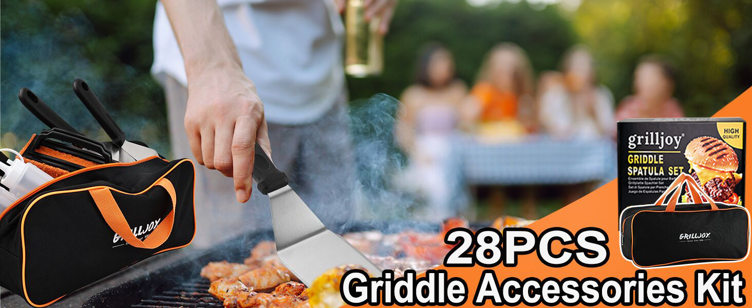 Набір аксесуарів для гриля та планчі Grilljoy з нержавіючої сталі, 28 предметів, для бургерів та барбекю (Помаранчевий)