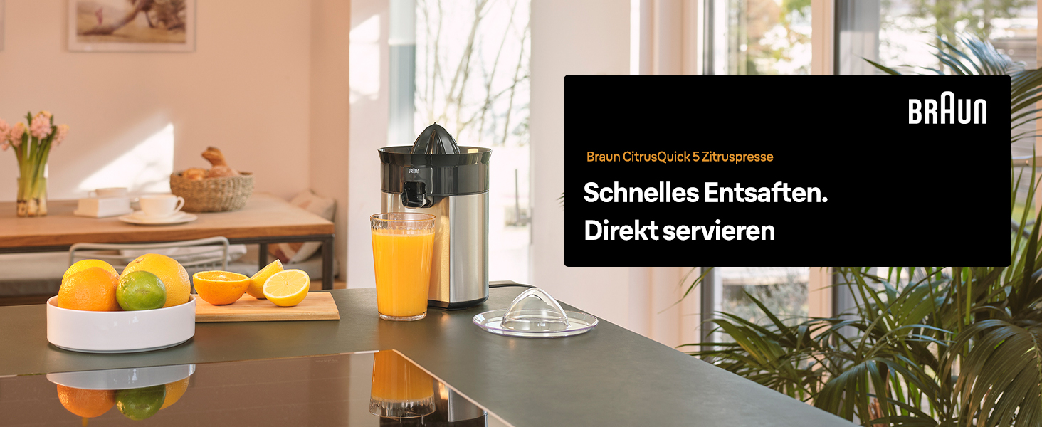 Цитрусовий прес Braun CitrusQuick 5 CJ5050 BK чорний 60W: прямий вилив, система запобігання краплин, автоматичний старт/стоп, легке очищення