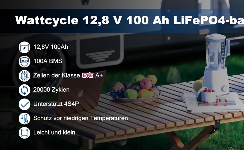 Літієва батарея Wattcycle 12V 100Ah LiFePO4 20 000 циклів, інтегрована BMS 100 А, захист від низьких температур, ідеально підходить для автофургонів, кемпінгу та зберігання енергії Сумісність з групою 24