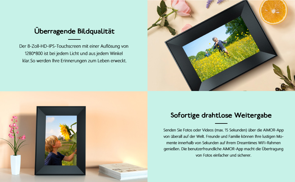 Цифровий фоторамка Dreamtimes 8 дюймів з Wi-Fi, IPS HD сенсорний екран, оновлена версія 2022, просте налаштування, діліться фото та відео через додаток AiMOR з будь-якого місця