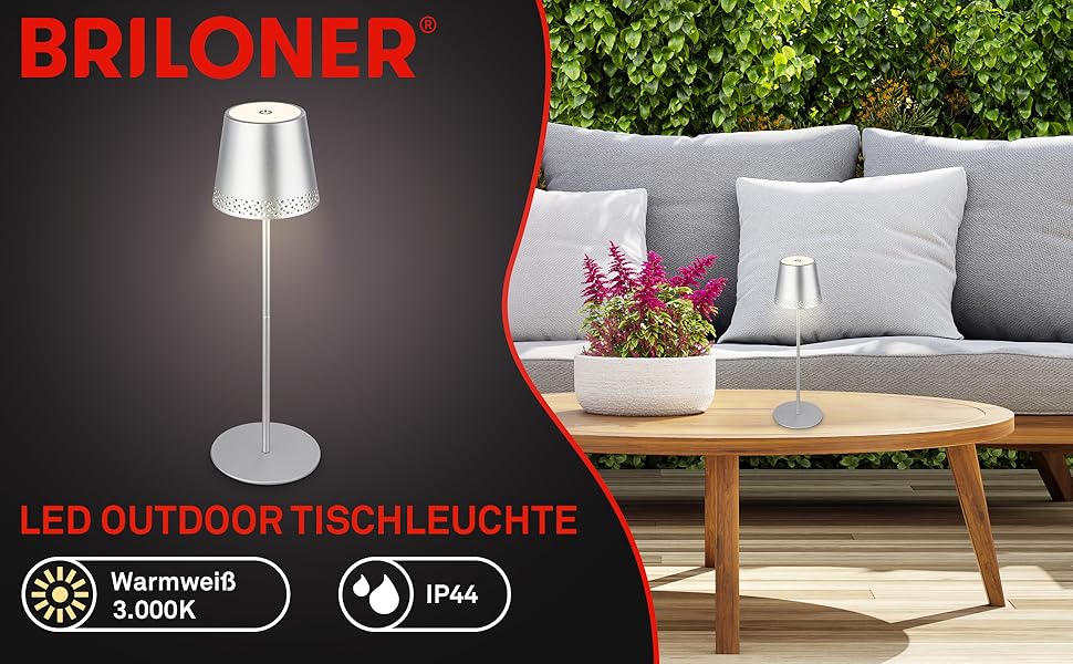 LED настільна лампа BRILONER бездротова з сенсорним керуванням, димер, регулювання висоти, для дому та кемпінгу, хром матовий, 38x12 см