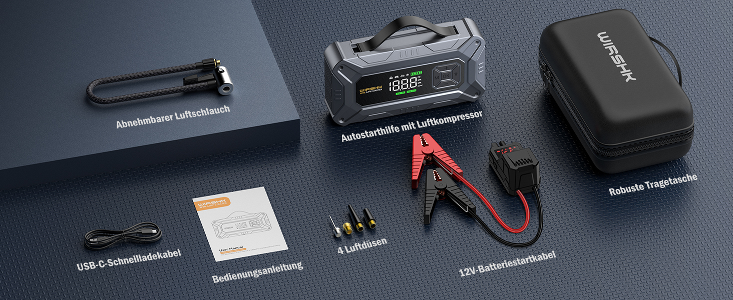 Портативний пусковий пристрій 8000A з повітряним компресором 160 PSI для бензинових та дизельних двигунів (до 10л), з дисплеєм та аварійною світлодіодною лампою