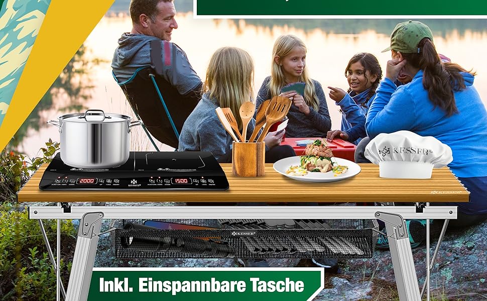 Зручний складаний столик KESSER® для кемпінгу з алюмінієвим каркасом та регулюванням висоти, 90x53 см, до 100 кг, з сумкою та сітчастою кишенею, з імітацією дерева