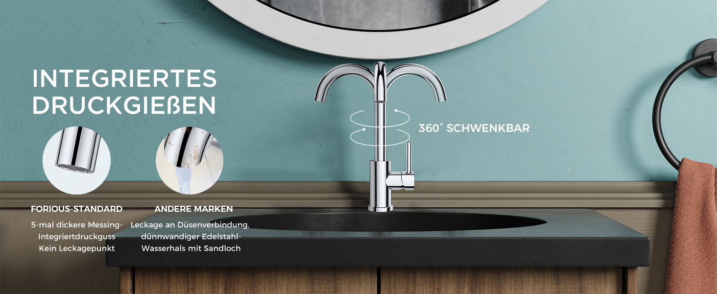 Змішувач для ванної кімнати FORIOUS Hoch 360° з нержавіючої сталі, з підйомним виливом, для кухні/ванної кімнати, з підключенням до гарячої/холодної води, монтаж простий, висота виливу 175 мм, полірована сталь