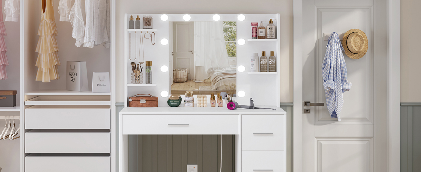 Трюмо TEENFON з дзеркалом та підсвічуванням, біле. 4 шухляди, 4 відкриті полиці, 5 гачків для прикрас.