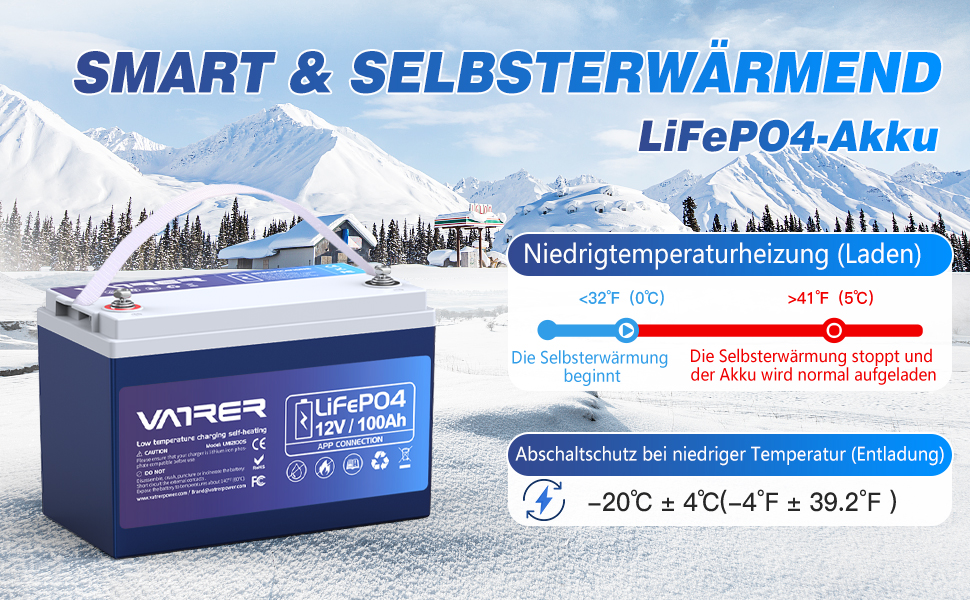 Літієва батарея VATRER POWER LiFePO4 12V 100AH з низькотемпературним відключенням і літієвою батареєю глибокого циклу 100A BMS 5000 1280 Вт для автофургонів, кемпінгу, човнів, сонячних домашніх систем (12V100Ah з автономним нагріванням)