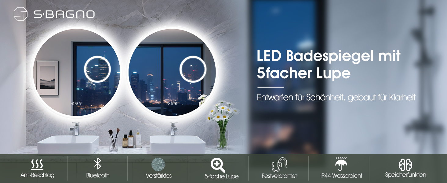 Дзеркало для ванної кімнати S'bagno Runder з підсвічуванням 60 см, з функцією запобігання запотіванню, 3 колірні температури, регулювання яскравості, HD скло, функція пам'яті, IP44, Bluetooth, 5-кратна лупа
