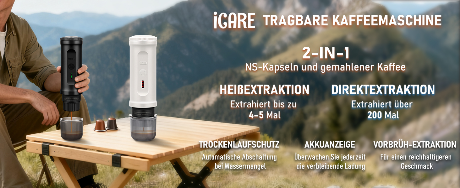 Портативна кавомашина ICARE з акумулятором, 2-в-1 для капсул NS та меленої кави, самонагріваюча, USB-C, індикатор заряду, для кемпінгу, подорожей та в дорогу (Чорний)