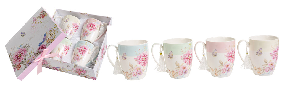 Комплект чашок для кави London Boutique K414, 330 мл, рожевий, 4 шт. (Porzellan, Shabby Chic, Vintage)