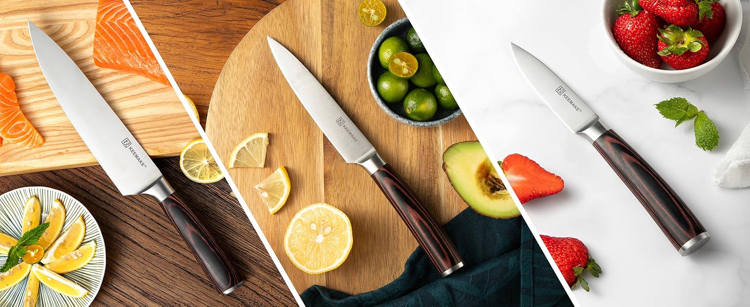 Набір кухонних ножів Keemake, 7-кількісний з дерев'яним блоком, професійний, з нержавіючої сталі, з пластиковою ручкою