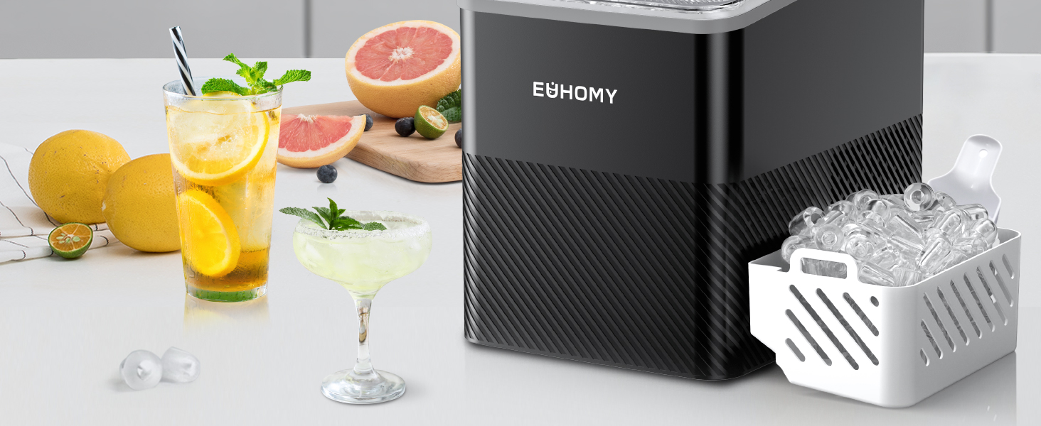 Машина для приготування льоду EUHOMY, компактний дизайн, однокнопкове керування, 9 кубиків льоду у 2 розмірах, автоматичне очищення, інтелектуальні сповіщення, прозорий кришка, чорний колір, для офісу/кухні/спальні, продуктивність 12 кг/24 год