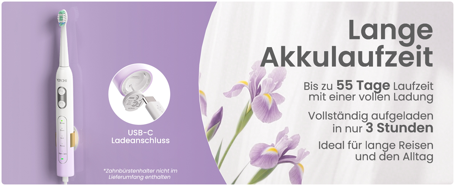 Електрична зубна щітка YUNCHI - звукова, для дорослих та дітей, 40000 VPM, USB-C, 5 режимів, 8 насадок + чохол, блакитна (C2 фіолетовий та білий)