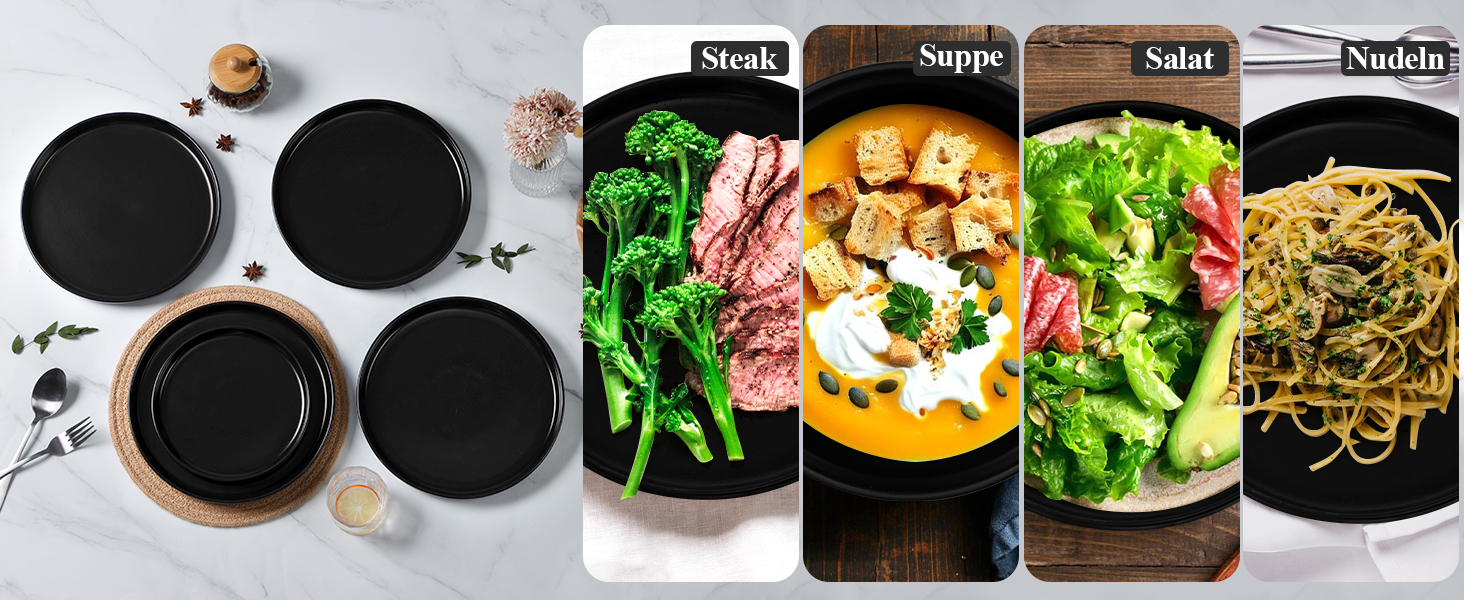 Набір посуду Joyfair на 6 осіб, 18 предметів, кераміка, чорний (Abyssal Schwarz). Тарілки обідні, десертні, миски для сніданку. Стійкий до подряпин, для мікрохвильовки та посудомийної машини