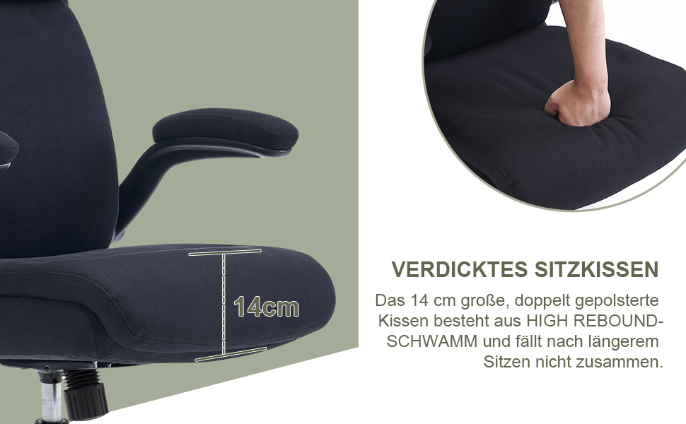 Органомічний офісний стілець CASTLOVE з підйомними підлокітниками, високою спинкою та функцією гойдання. Макс. вантажопідйомність 150 кг (Чорний, тканина)