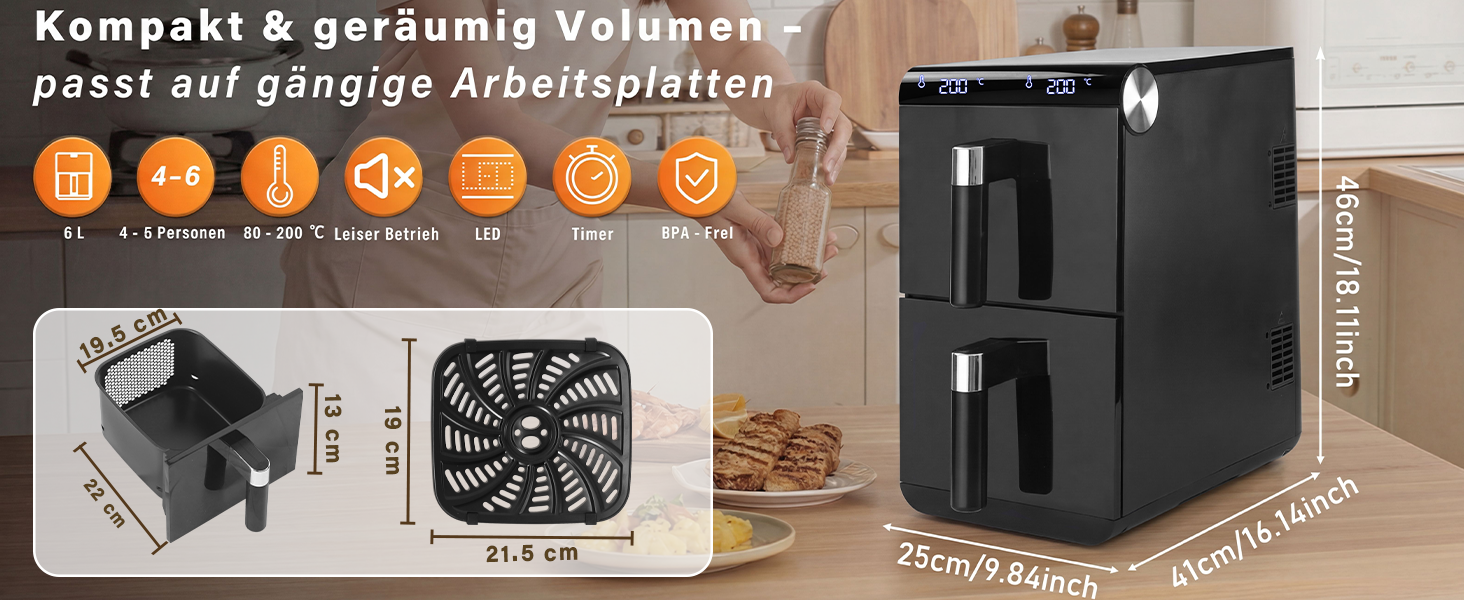 Аерофритюрниця Citybee XXL 10L (5L+5L) з двома камерами та вікном, Dual Zone Airfryer 2200W, сенсорне керування, таймер 24г, чорна