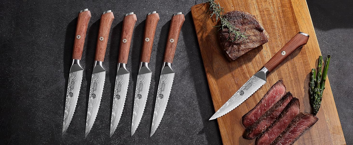 Набір кухонних ножів YOTSUBA Profi з дерев'яним блоком та точилкою, ножиці, набір кухонних ножів з нержавіючої сталі, набір кухонних ножів для кухні (ніж для стейка - 6 шт)
