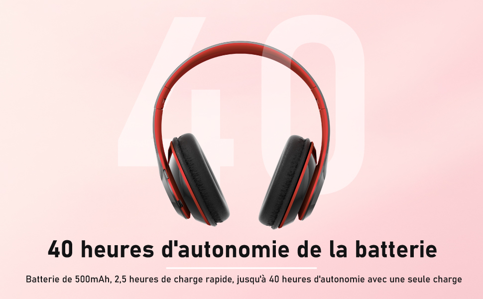 Бездротові накладні навушники Bluetooth, 6 режимів еквалайзера, 65 годин, HD-мікрофон, FM, SD/TF, чорний/Червоний