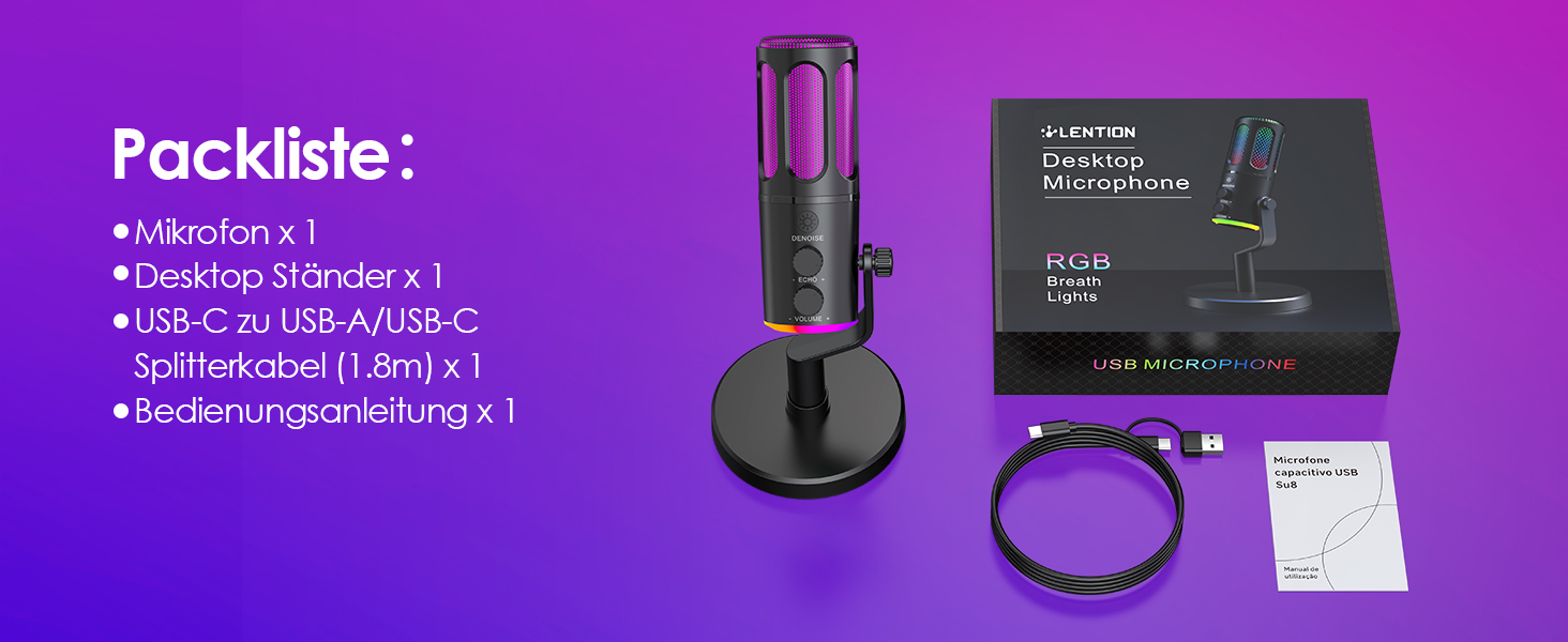 USB мікрофон LENTION: конденсаторний мікрофон для геймінгу, стримінгу, подкастів та караоке. Підходить для ПК, Mac, PS5, PS4, телефону. Plug & Play, кардіоїдний, з USB кабелем 1.8м