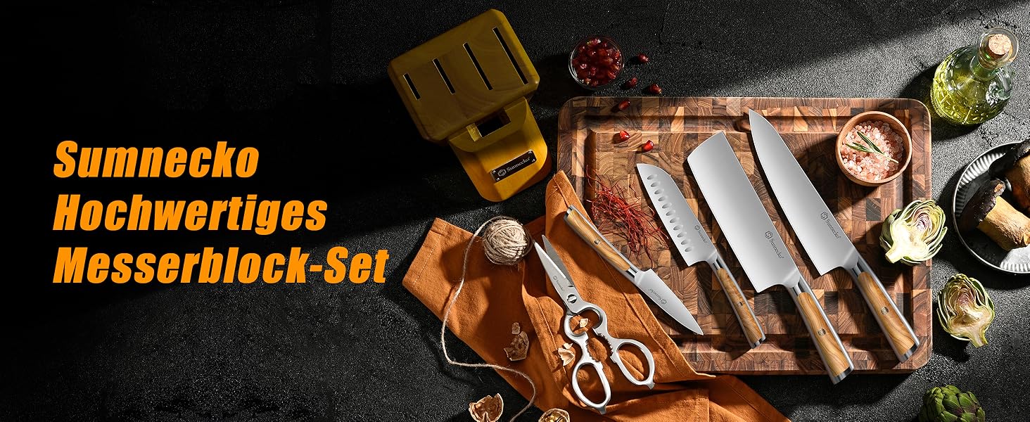 Набір ножів Sunnecko 6 шт. з підставкою – кухонний набір ножів, кухонні ножі з ергономічними ручками, гострими лезами, підставка з нержавіючої сталі та акації