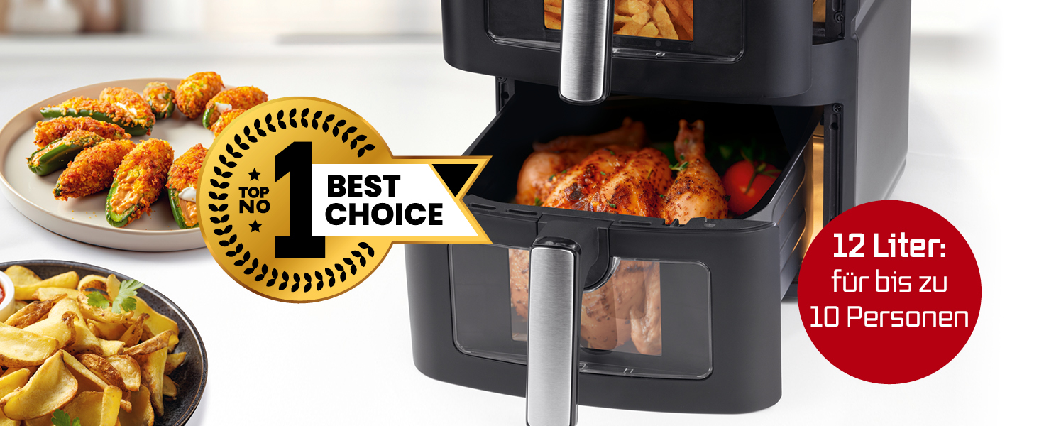 Аерофритюрниця GOURMETmaxx AirGenius 10L з двома камерами (2x5Л), сенсорним керуванням та 10 програмами приготування, для 8 осіб