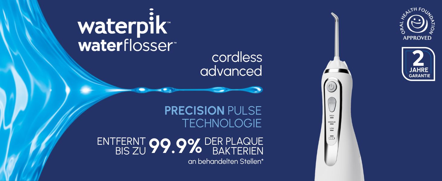 Waterpik Advanced Бездротова Іригатор для Рота, Тестер-Переможець 2024, Технологія Precision Pulse, До 99,9% Видалення Нальоту, 4 Насадки, 3 Режими, Індукційна Зарядка, Білий (Cordless Advanced Blue)