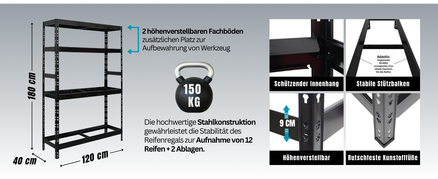 Стелаж для шин PROREGAL Tiger XL: 200x180x45 см, 300 кг навантаження, до 205/55 R16, для майстерні, складу, підвалу (12 шин + 2 полиці, блакитний)