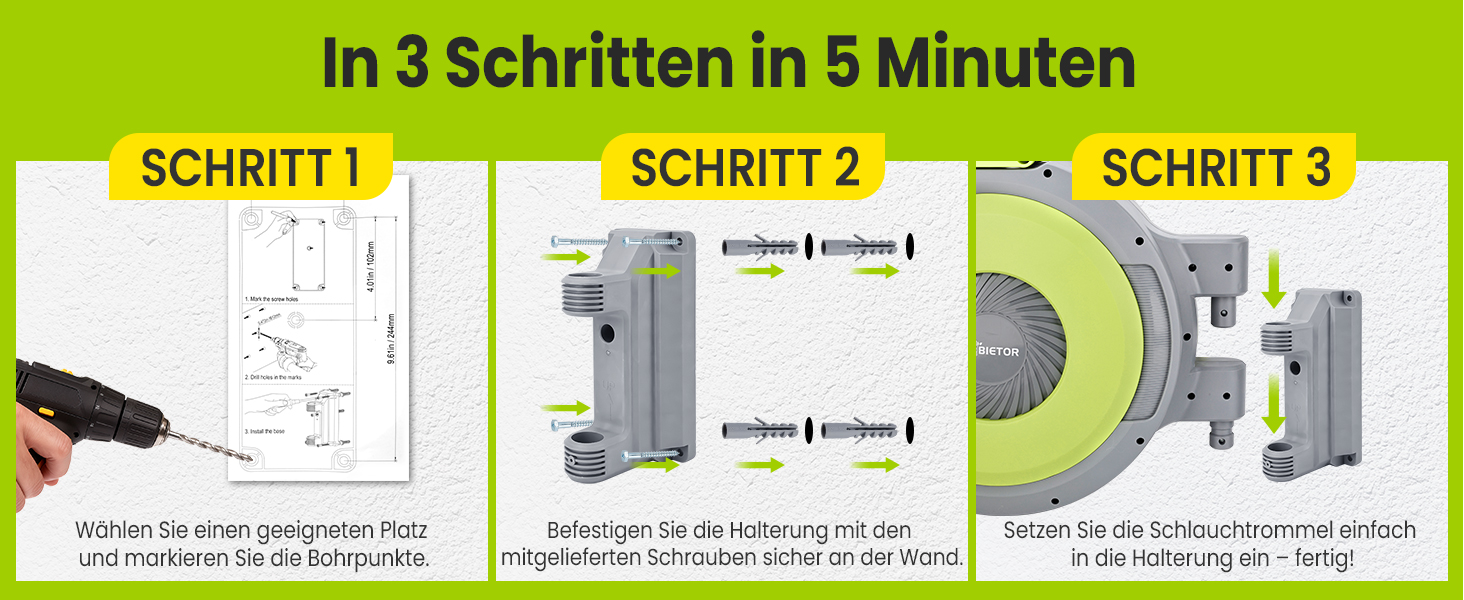 Шланговий барабан настінний автоматичний 40м, з фіксацією довжини, поворотна кріплення 180°, 9 режимів поливу для саду та миття авто