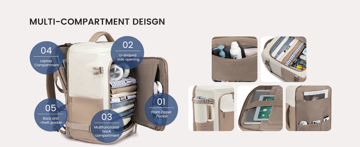 Рюкзак жіночий LOVEVOOK 40L для подорожей та авіаперельотів, Carry On, Beige Khaki, 17 дюймів