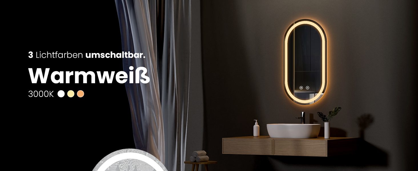 Дзеркало для ванної кімнати EMKE з підсвічуванням 50x90 см, овальне, з сенсорним перемикачем, 3 кольори світла, регулювання яскравості, антизапарник, функція пам'яті, автоматичне вимкнення через 3 години