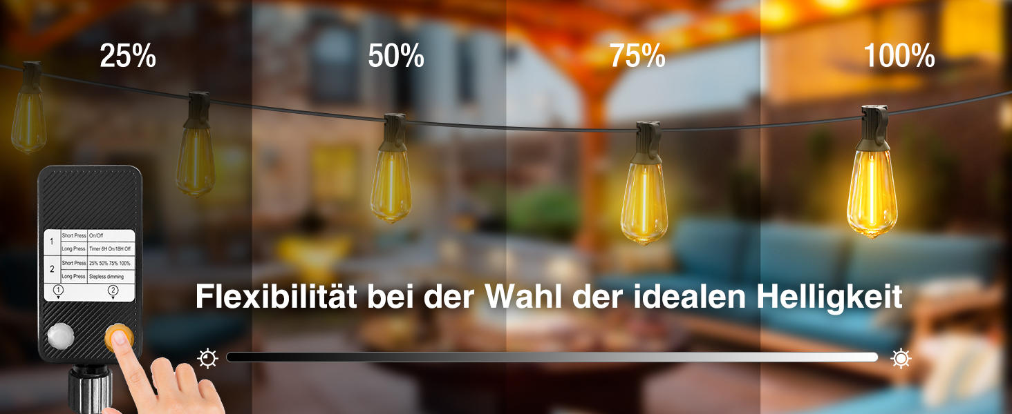 LED гірлянда для декорування саду та тераси, 15 метрів, тепле світло, G40, з таймером та димером, вологостійка