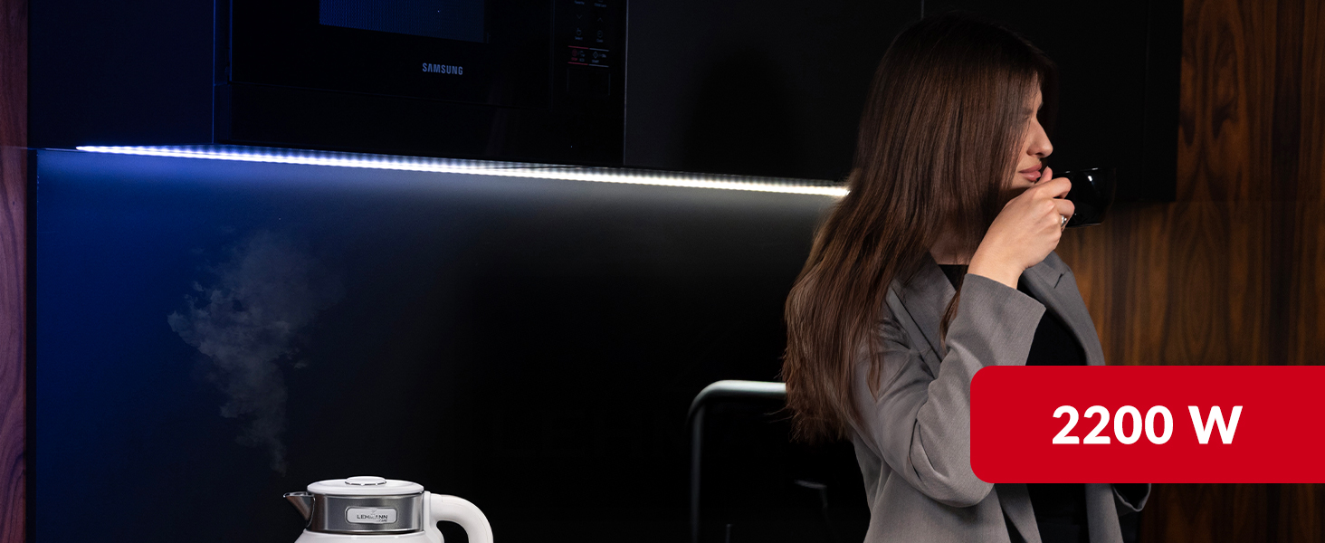 Електричний чайник Lehmann Edelstahl 2L, 2200W з подвійними стінками, автоматичним відключенням та захистом від перегріву, BPA-free, для великих сімей та офісів (Білий)