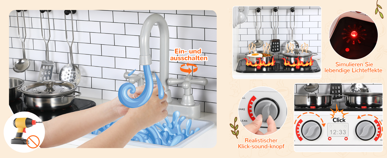 Дерев'яна дитяча кухня MAMIZO з підсвіткою та звуком, 82x80x25 см. Комплект іграшок для дітей від 3 років, біла