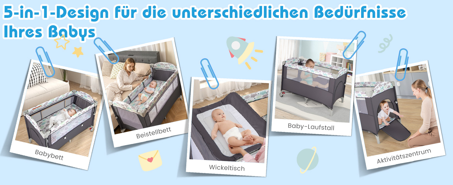 Дитяче ліжко-манежа Dreamade 120 x 60 см з колесами, 4 в 1: ліжко, манежа, пеленальний столик, туристичне ліжко для новонароджених (Сірий)