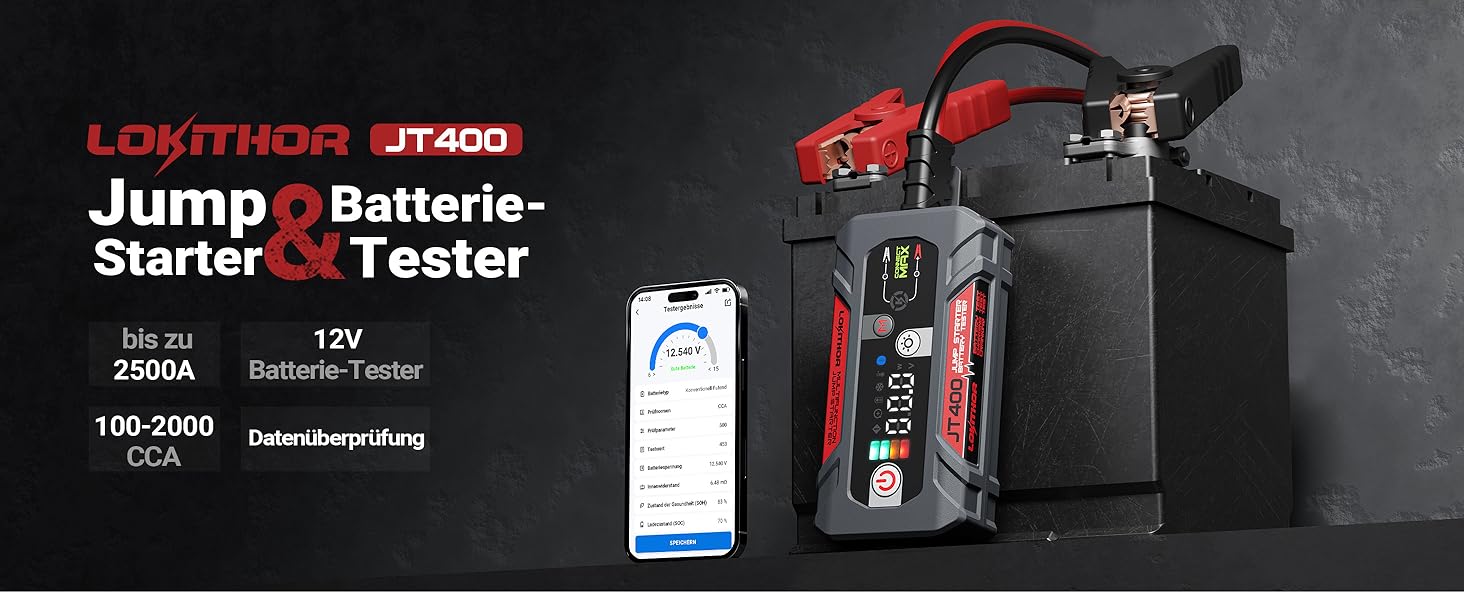 Портативний пусковий пристрій та тестер акумулятора LOKITHOR JT400: 2500A, 12V, для бензинових (8.5L) та дизельних (6.5L) авто