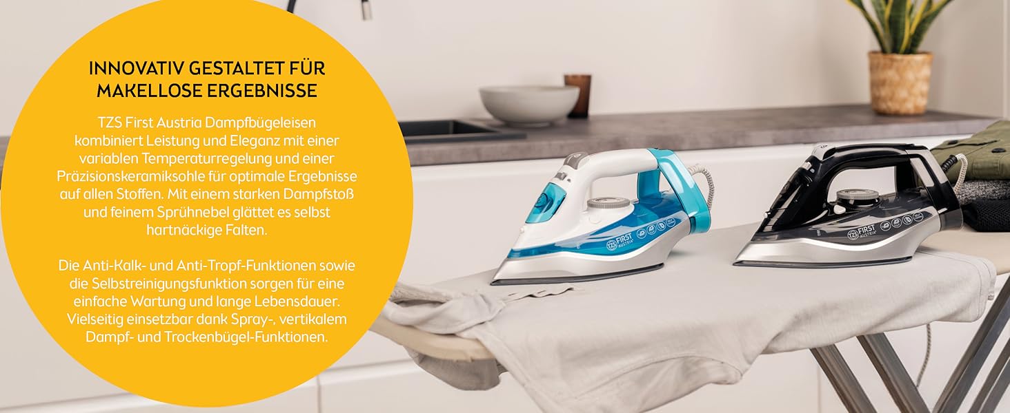 Пароочисник TZS First Austria I 2290-2720W | Керамічна підошва, Самоочищення, Вертикальний пар, Anti-Kalk, Сухе прасування, 0.3л резервуар, 1.2 кг | Чорний/Білий