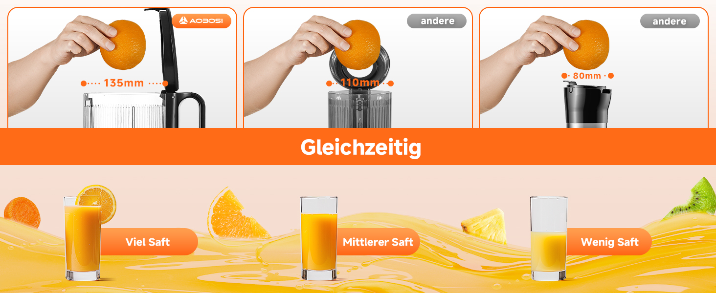 AOBOSI Повільнодіючий соковитискач з великою завантажувальною воронкою 135 мм, 200 Вт, холодний віджим, зворотний хід, потрійний фільтр, BPA-free, тихий, для свіжих соків з фруктів та овочів, чорний