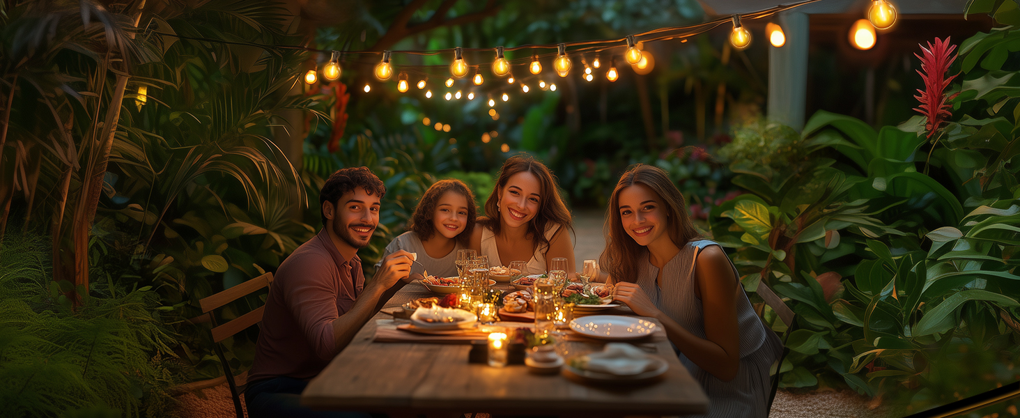 Ланцюжок прикрас для зовнішнього використання з таймером, 15 м LED-ланцюжок живлення на вулиці з 25+2 G40 лампочками, 4 режими та регульована яскравість. Водостійкий гірлянда для саду, балкону, тераси, вечірки, весілля (тепле біле світло)