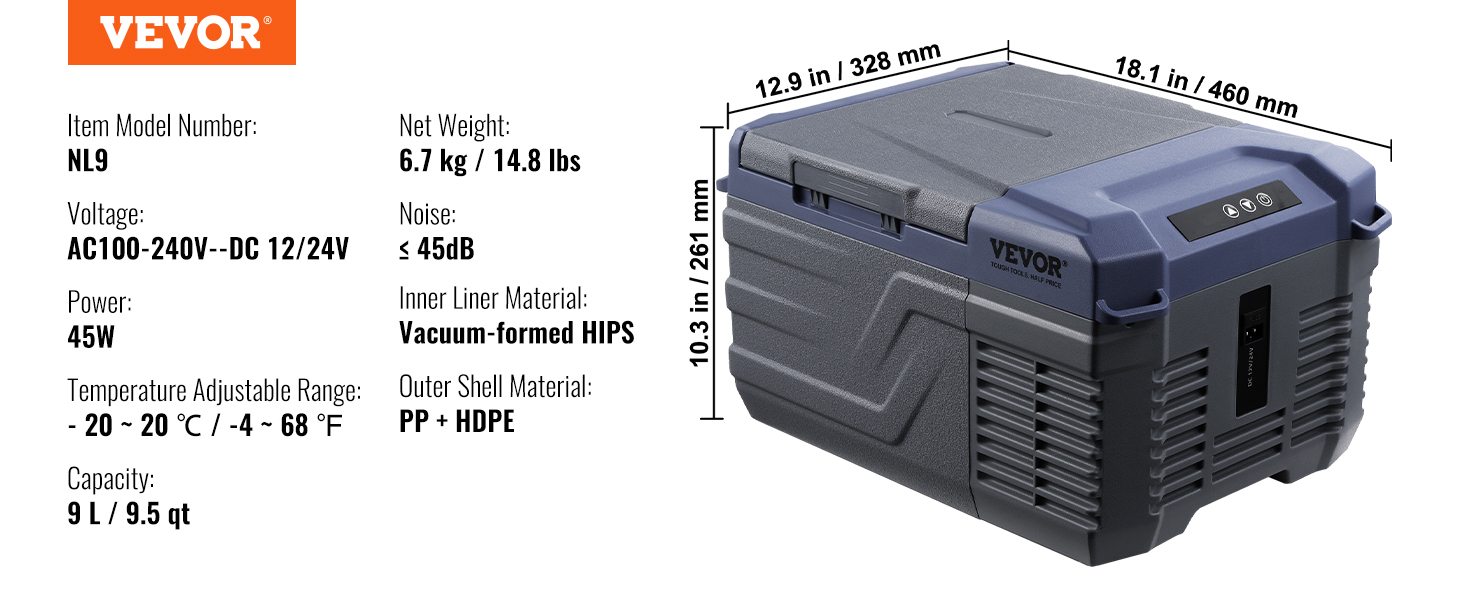 Автохолодильник VEVOR 12V/24V/220V 9л компресорний: для кемпінгу, авто, подорожей (-20°C ~ +20°C)