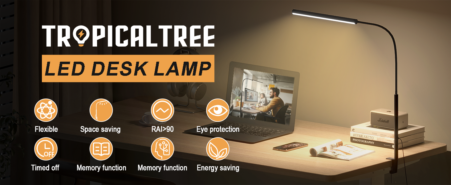 Стійлампа TROPICALTREE LED з регулюванням яскравості, 11 режимів, 5 кольорів, 2700K-6500K, 80 LED, CRI≥95, гнусий 360° шийка, USB з таймером, настільна лампа для роботи, захист для очей, чорний